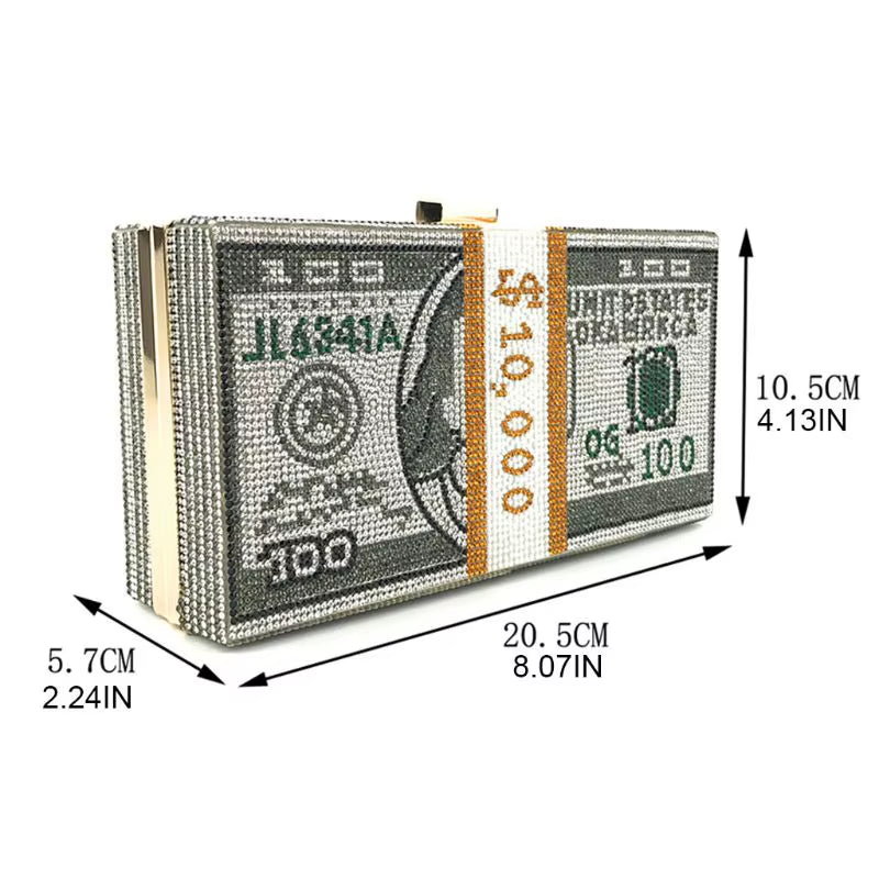 Glamorous Rhinestone Money Clutch - $10,000 Cash Stack Evening Handbag for Weddings & Dinners